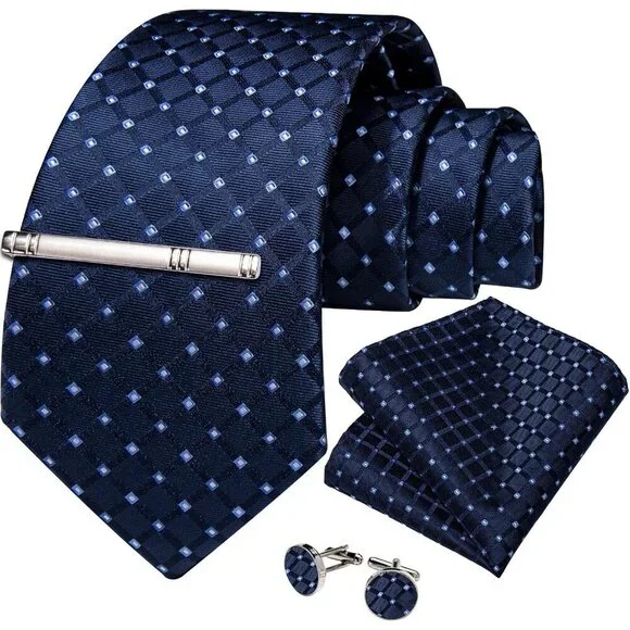 🆕Men Blue Plaid Silk Checkered Necktie Pocket Square Cufflinks Tie Clip Set